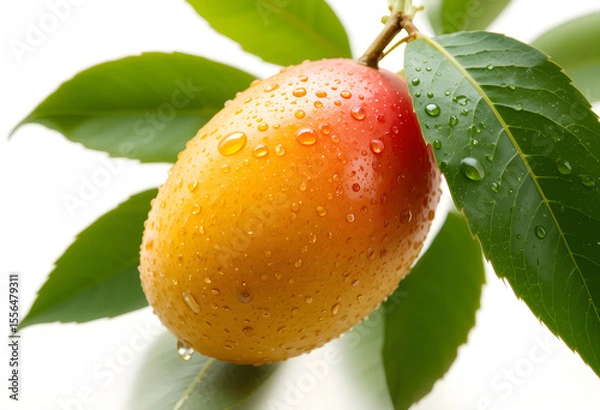 Fototapeta A close up of a ripe mango with leaves and water droplets on a white background in bright light