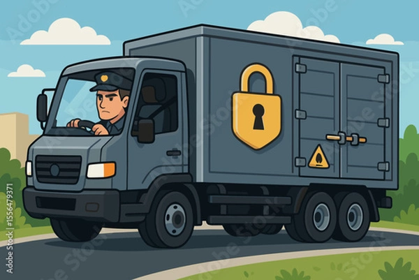Fototapeta Secure cargo transportation concept. Armored truck with driver ensuring safe delivery of valuable or hazardous goods. Logistics and shipping security. Vector cartoon illustration.