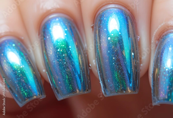 Fototapeta Close-up of holographic chrome manicure on long nails