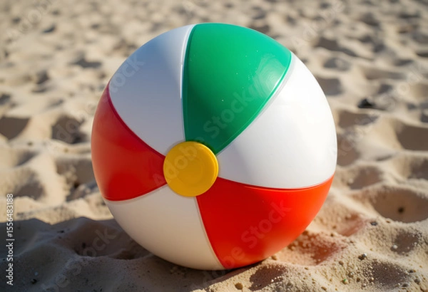 Fototapeta shot of a colorful beach ball with red white green and yellow panels in bright lighting