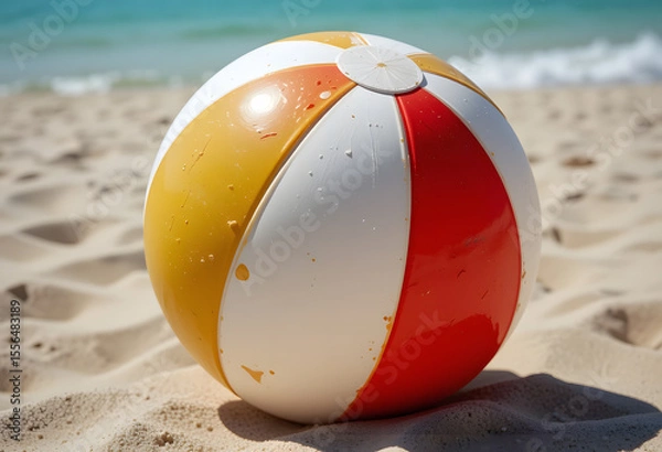 Fototapeta shot of a colorful beach ball with red white green and yellow panels in bright lighting