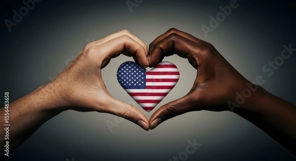 Fototapeta 4 de julho – Mãos diversas formando um coração com a bandeira americana no centro, simbolizando igualdade, unidade e força na celebração do Dia da Independência dos EUA