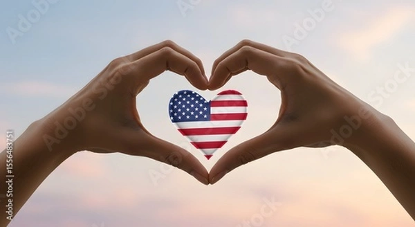 Fototapeta 4th of July Celebration – AI-Generated Hands Forming a Heart Shape with the American Flag at the Center Symbolizing Unity, Patriotism, and U.S. Independence