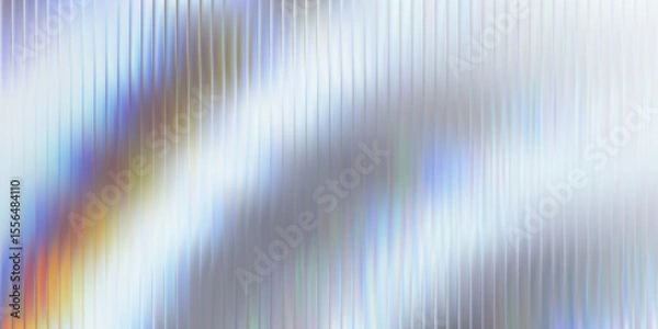 Obraz Iridescent glass texture with vertical ribbed lines and soft blue, amber, violet gradient ripple. Holographic distortion, modern translucent surface, futuristic vector illustration.