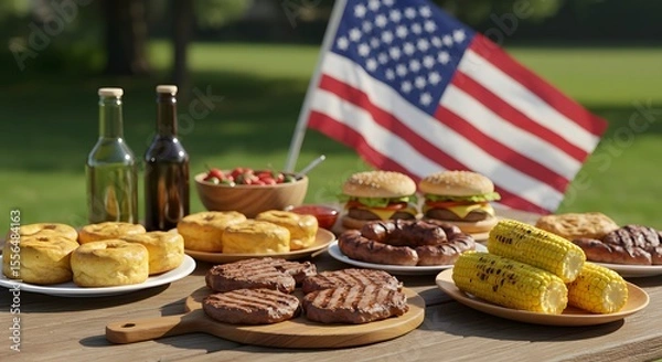 Fototapeta 4th of July Outdoor Celebration – U.S. Independence Day Picnic with Hamburgers, Apple Pies, Grilled Corn, BBQ, and Refreshing Drinks in Patriotic Setting
