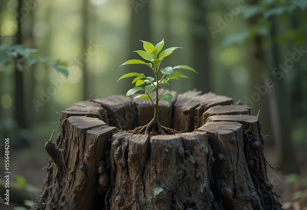 Fototapeta Young tree emerging from old tree stump 
