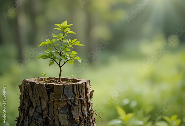 Fototapeta Young tree emerging from old tree stump 