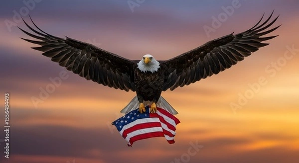 Fototapeta 4th of July – Bald Eagle in Flight Grasping American Flag in Talons, Symbolizing Freedom, High Vision, and Patriotic Spirit for U.S. Independence Day