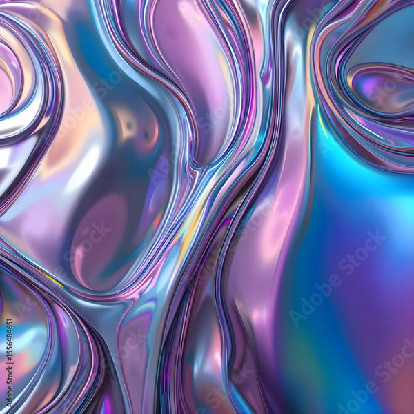 Fototapeta Vivid digital abstract of smooth flowing iridescent waves in metallic tones of blue, purple, and orange with a liquid glass-like texture and reflective gradients.

