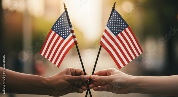 Fototapeta 4th of July Independence Day – AI-Generated Image of Hands Holding American Flags Celebrating U.S. Patriotism and National Pride