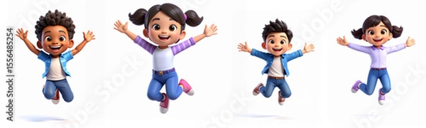 Obraz 元気いっぱいの子供たちがジャンプする明るいイラスト素材！笑顔、喜び、楽しさを表現した学童・未就学児向けデザイン。多様な人種と性別の男の子・女の子が躍動する、教育、成長、遊びをテーマ。子供向けコンテンツ、学校行事、家族イベント、幸福感、成功、達成感を伝えるビジュアルに最適。