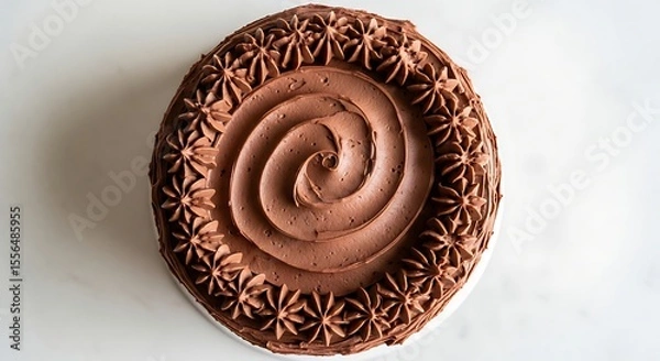 Fototapeta Aerial view of a chocolate frosted cake with decorative frosting on a white surface background