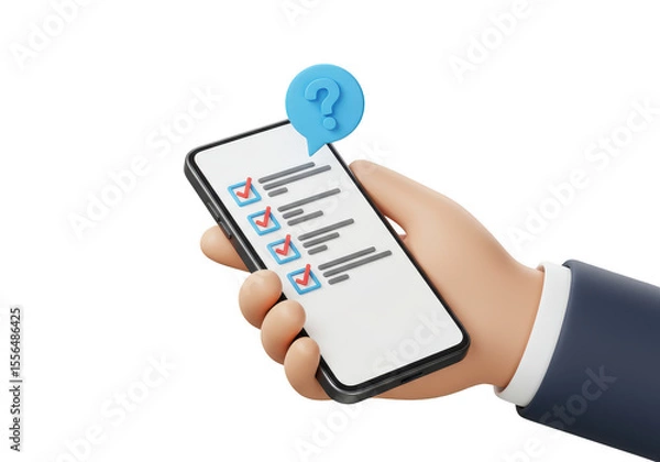 Obraz Hand holding smartphone with checklist and question mark speech bubble above the phone screen on transparent background