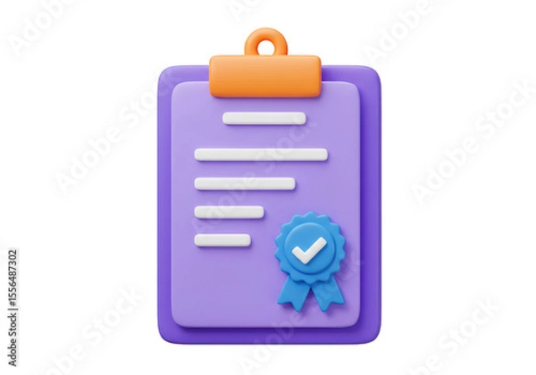 Obraz Purple clipboard with orange clip and blue seal of approval with check mark illustration on transparent background