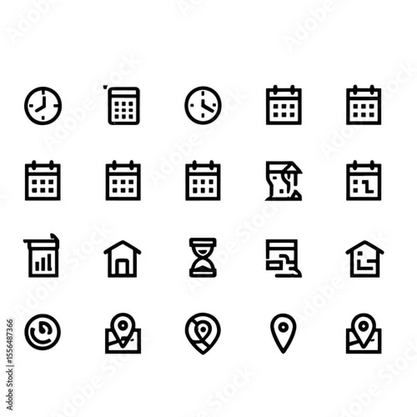 Fototapeta Collection of Minimalist Time, Date, Location, and Home Icons Free Vector Pack for UI/UX Design