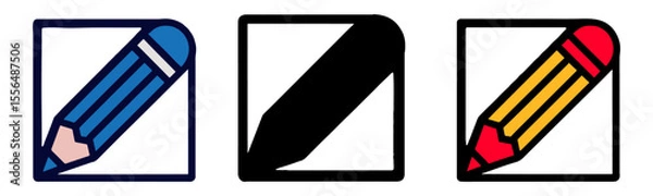 Fototapeta Colorful Pencil Icons Blue, Black, and Red Pencil Illustrations in Square Frames. Perfect for Designs, Websites, and Apps.