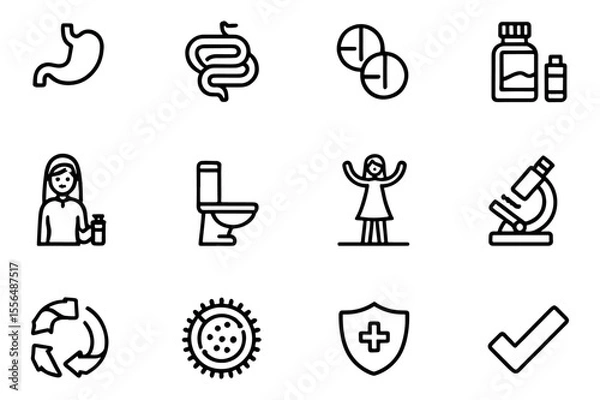 Fototapeta Gut Health Icons Digestive System, Supplements, Wellness, and More - A021.ai Inspired