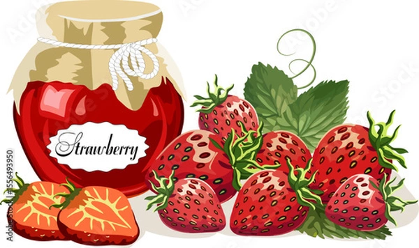 Obraz Strawberries and a jar of jam.Vector illustration with ripe strawberries and strawberry jam in a jar on a transparent background.