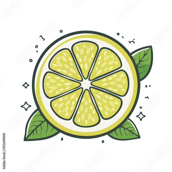 Fototapeta Sliced Lemon Cartoon Style with Green Leaves and Sparkling Accents on Black Background