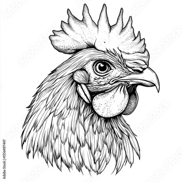 Obraz Line art drawing of a rooster's head isolated on a white background