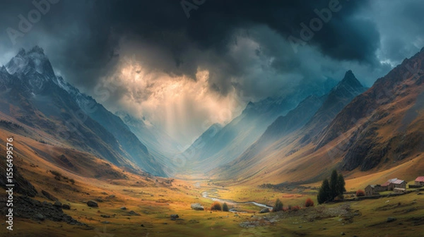 Obraz Vast mountain valley with a remote village under a dramatic, stormy sky.