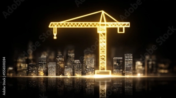 Obraz A bright crane stands against a dark skyline, symbolizing construction and growth.