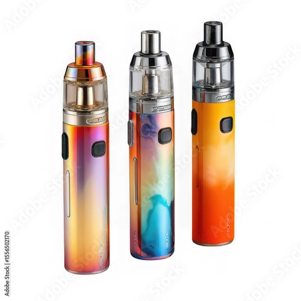 Fototapeta Three colorful vape devices standing side by side against a white background