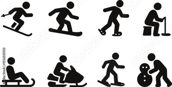 Fototapeta Winter sports solid icon set. Skiing, snowboarding, skating, sledding, snowmobiling, Ice fishing