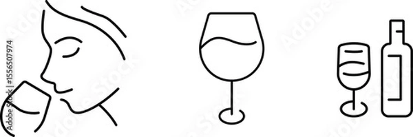 Fototapeta Tasting wine, wine glass, serving wine bottle, customizable stroke, vector, illustration