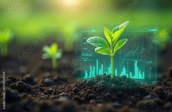 Obraz Green plant sprouting from soil with real-time holographic growth monitoring interface, high tech farming. Advanced agriculture tech for environmental protection. Modern digital farming, sustainable
