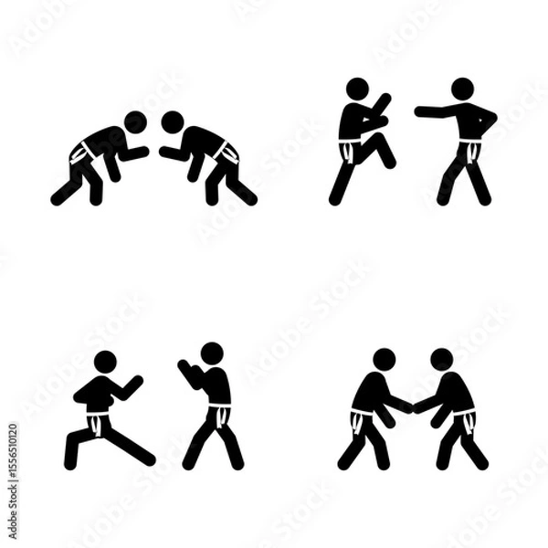 Fototapeta Set of stick figures, karate martial art, black silhouettes on white background, flat vector illustration.