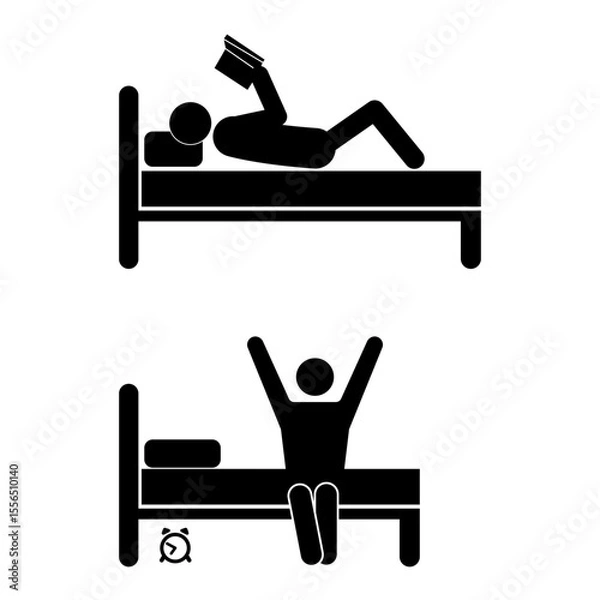 Fototapeta Set of stick figures, sleep and preparation for sleep, flat vector illustration.