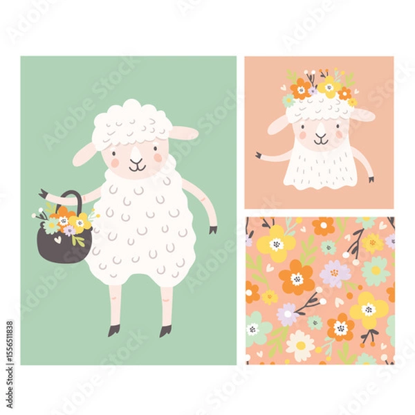 Fototapeta set of illustrations with cute cartoon sheep carrying basket with flowers and floral seamless pattern. vector flat style