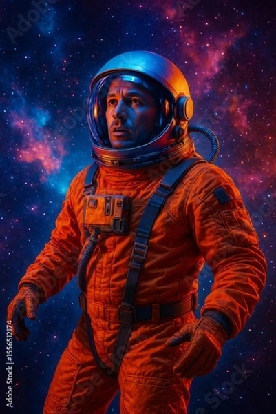 Fototapeta Astronauta com traje laranja flutuando no espaço estrelado