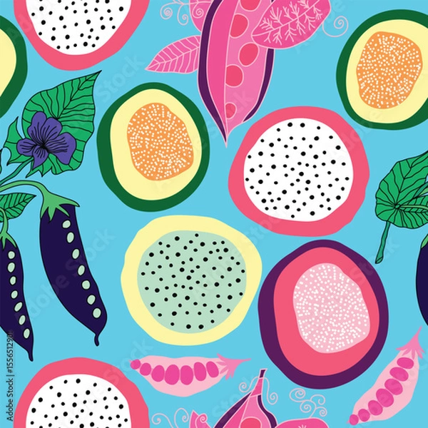 Fototapeta peas, pitaya, colorful exotic tropical fruits seamless pattern. exotic vegetables garden theme hand drawn seamless pattern. It is good for textile, fabric, decoration and more.