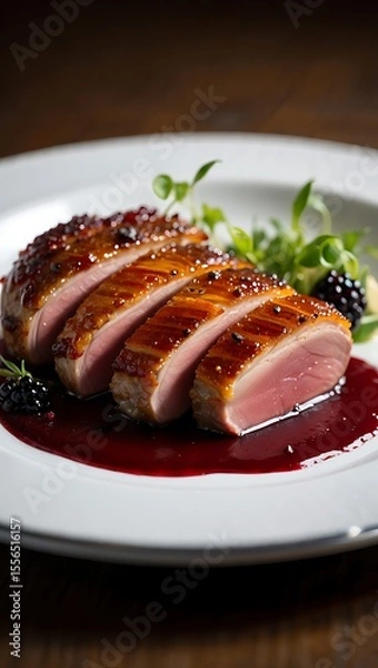 Fototapeta Sliced Duck Breast with Red Wine Sauce and Blackberries