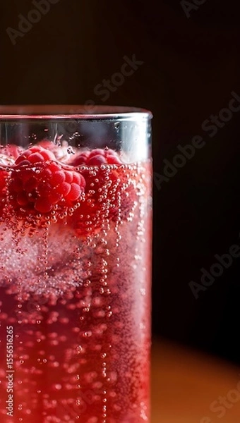 Fototapeta Sparkling Raspberry Drink in Glass Closeup Red Bubbles