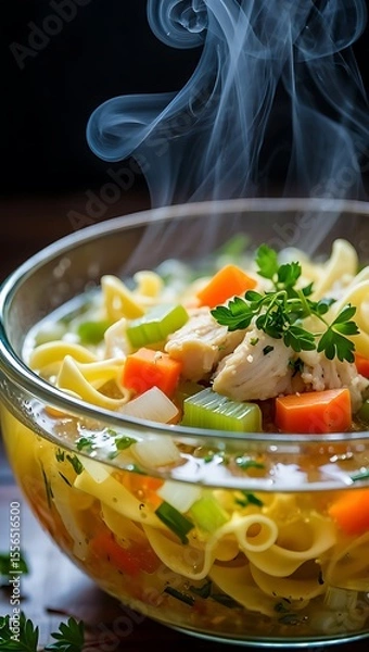 Fototapeta Steaming Bowl of Chicken Noodle Soup with Vegetables