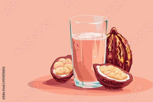 Obraz Vector illustration of cacao water in a glass and half of cacao fruit with palm leaves on a peach backdrop