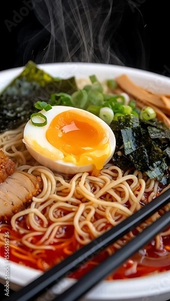 Fototapeta Steaming Bowl of Ramen Noodles Soft Boiled Egg Nori Seaweed