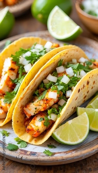 Fototapeta Two Grilled Chicken Tacos with Cilantro Onions and Lime Wedges