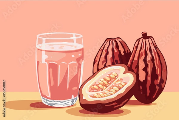 Obraz Vector illustration of cacao water in a glass and half of cacao fruit with palm leaves on a peach backdrop