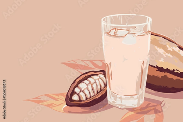 Obraz Vector illustration of cacao water in a glass and half of cacao fruit with palm leaves on a peach backdrop
