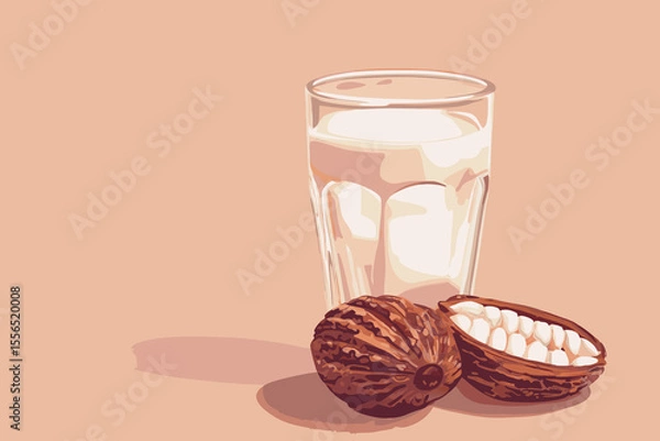 Obraz Vector illustration of cacao water in a glass and half of cacao fruit with palm leaves on a peach backdrop