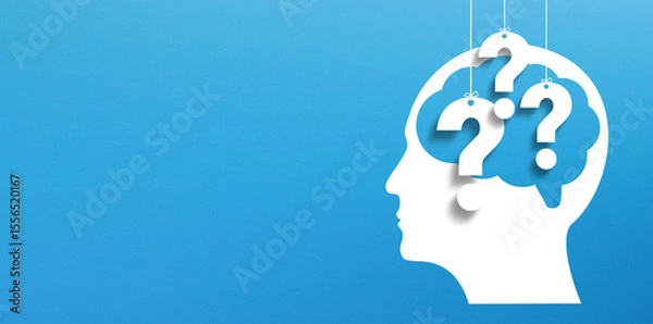 Fototapeta Thinking Brain with Question Marks design on blue background