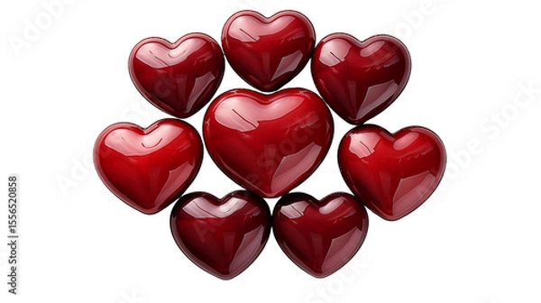 Fototapeta Grouping of glossy red hearts arranged beautifully on white surface for a romantic Valentine's Day or love themed concept transparent.