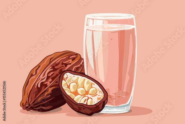 Obraz Vector illustration of cacao water in a glass and half of cacao fruit with palm leaves on a peach backdrop