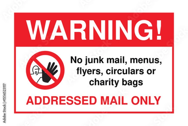 Fototapeta No Junk Mail Warning Sign – Addressed Mail Only with Prohibited Delivery Icon