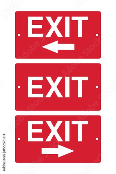 Fototapeta Red EXIT Signs with White Text and Directional Arrows – Emergency Wayfinding Set