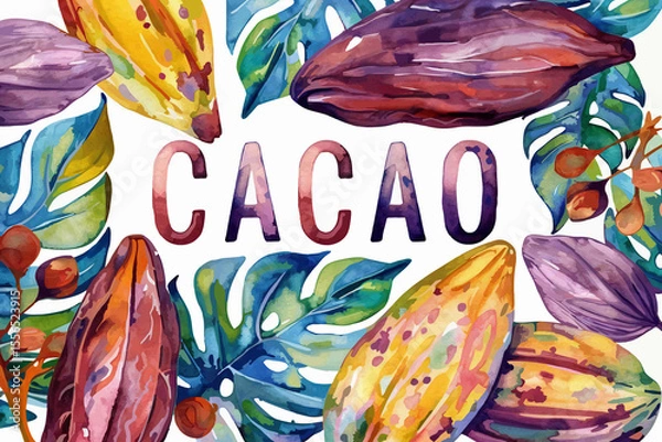 Obraz Vector illustration of cacao fruit and leaves on white background and lettering cacao
